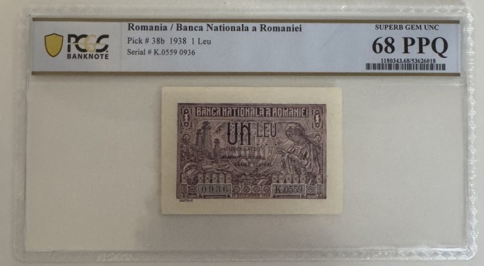 1 leu 1938 PCGS 68 Top Pop UNC bancnota gradata