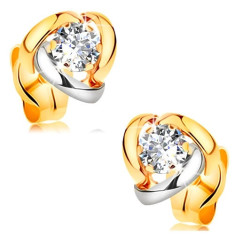 Cercei din aur 14K - diamant sclipitor și transparent înconjurat de arce bicolore