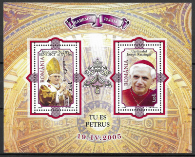Romania 2005 - Sanct. Sa Papa Benedict al XVI-lea, bloc 2 timbre MNH, LP 1690a foto