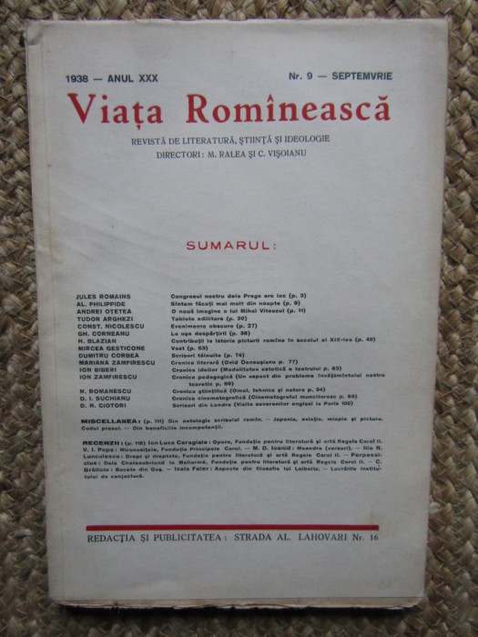 VIATA ROMANEASCA 1938 ANUL XXX NR 9- SEPTEMBRIE