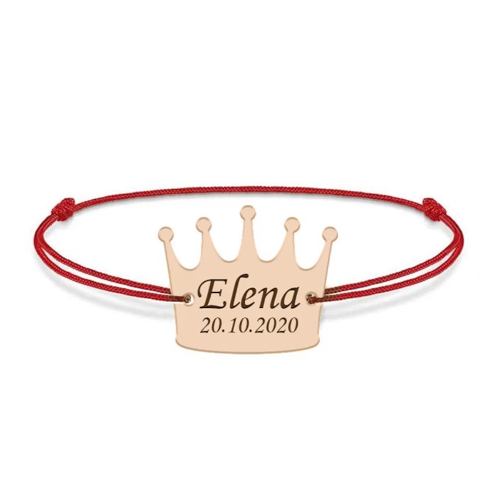 King - Bratara snur cu talisman din argint 925 placat cu aur roz personalizata cu text - coroana