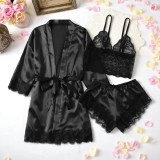 Set Pijama de Dama 3 Piese din Satin, Culoare Negru - ANI104