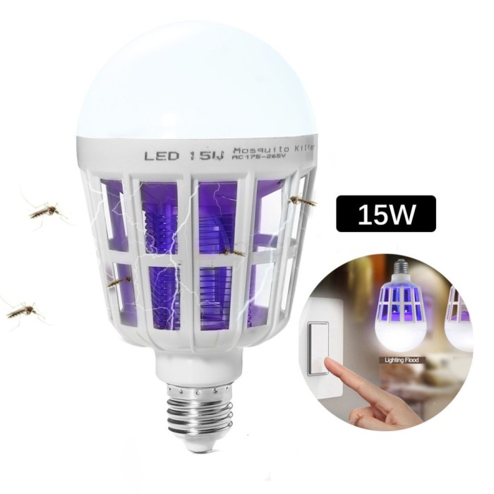 Bec LED Anti Insecte cu lumina alba naturala puternica 15W , Bec 2in1 Cu Lampa UV Impotriva Insectelor alb