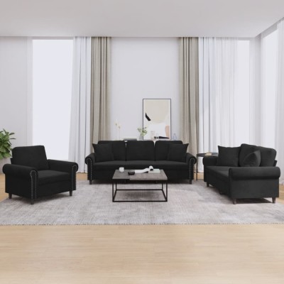 vidaXL Set de canapele cu perne, 3 piese, negru, catifea 3202195 foto