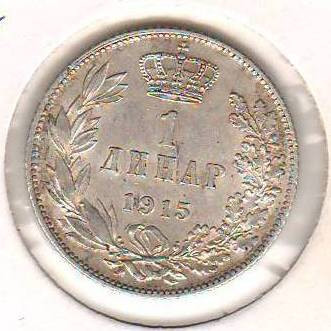 SV * SERBIA * 1 DINAR 1915 * ARGINT .835 * Regele Petar I * XF+ foto