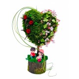 Aranjament floral personalizabil, mediu 38 cm, tip copacel sau pomisor in forma de inima cu licheni naturali stabilizati, miniroze criogenate si flori