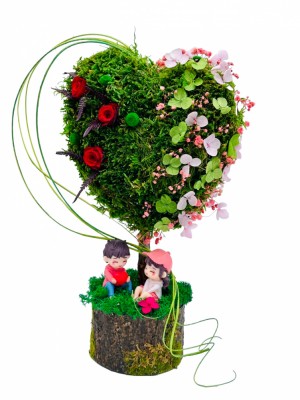 Aranjament floral personalizabil, mediu 38 cm, tip copacel sau pomisor in forma de inima cu licheni naturali stabilizati, miniroze criogenate si flori foto
