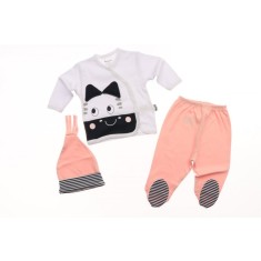 Set nou nascuti 3 piese bluzita, pantaloni, caciulita somon bumbac 3-6 luni