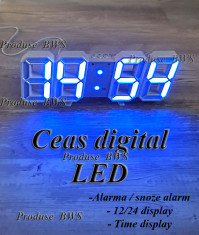 Ceas digital LED-alarma Perete,copii+baterie-lumina roz,albastra foto