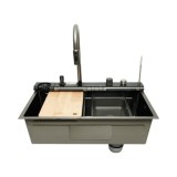 Chiuveta bucatarie multifunctionala din otel inoxidabil grafit mat PVD cu doua baterii, afisaj digital temperatura, doua cascade, dozator detergent, s