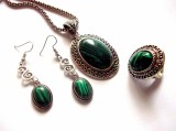 Set Bijuterii Malachit: Colier, Cercei &amp; Inel Reglabil - Pietre Semipretioase, Handmade, Fashion