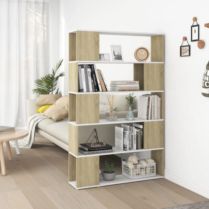 Bibliotecă/Separator cameră, alb și stejar sonoma, PAL