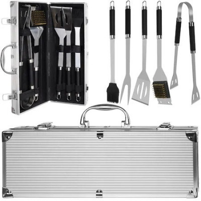 Set gratar cu 5 ustensile,culoare inox, cutie de depozitare aluminiu foto