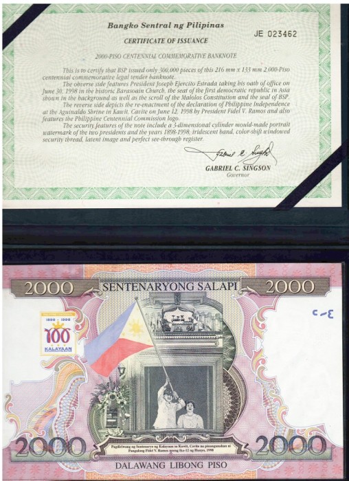 Filipine 2 000 2000 Pesos 1998 P-189 Comemorativa Folder UNC