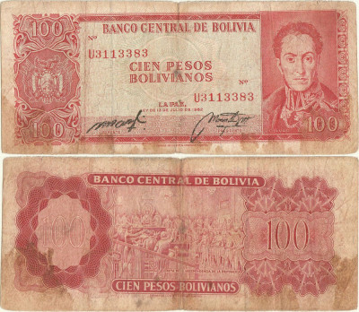 1962, 100 pesos bolivianos (P-163a.16) - Bolivia! foto
