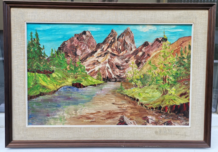 Tablou Peisaj montan de vară pictura ulei &icirc;nrămat 47x67cm