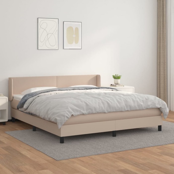 vidaXL Pat box spring cu saltea, cappuccino, 160x200cm piele ecologică