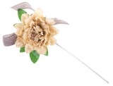 Floare decorativa bujor ocru cu funda si tulpina, 37 cm, set 6 bucati