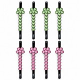 Cumpara ieftin Agrafe verde deschis si roz 5 x 1 cm pentru par cu pietre artificiale, set 8, 4 verde deschis si 4 roz, model floral pentru coc, suvite si coafuri
