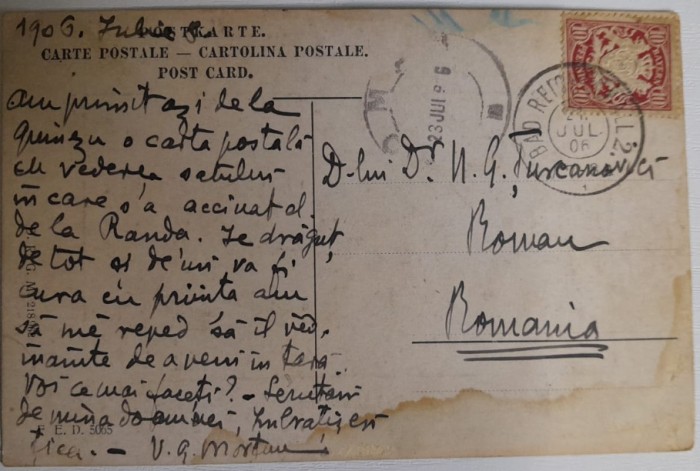 1906 CP Vasile G. Mortun catre N. G. Țurcanovici la Roman / amintit Quinezu