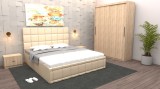 Dormitor Regal cu Pat Tapitat Crem imitatie piele cu dulap usi glisante Sonoma fara oglinda si fara comoda Tv
