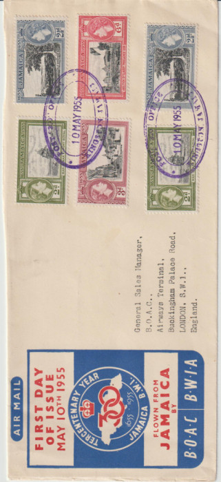 Colonii Anglia , Jamaica 1955 , Plic FDC Primul Zbor BOAC