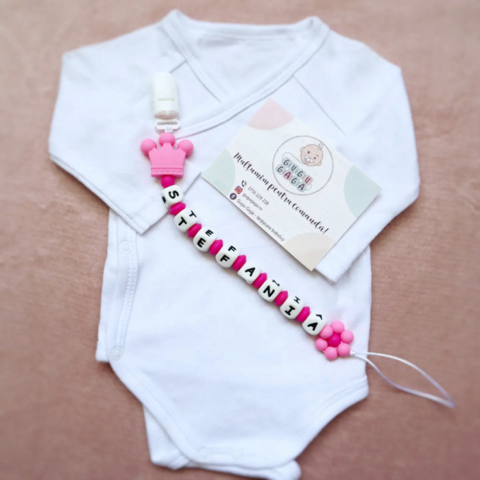 Lănțișor pentru suzetă personalizat cu nume / cadou bebeluși roz