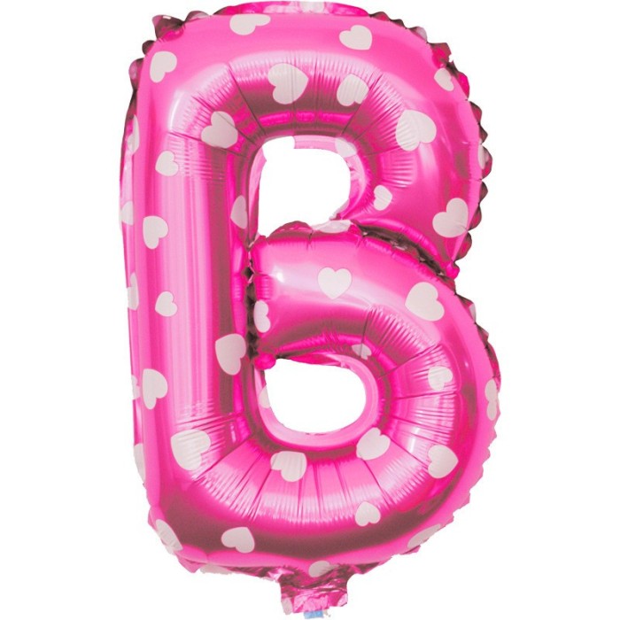 Balon folie metalizata litera b, flippy, 40 cm, cu imprimeu inimioare, umflati cu heliu sau aer, ambalaj individual, pai inclus, roz