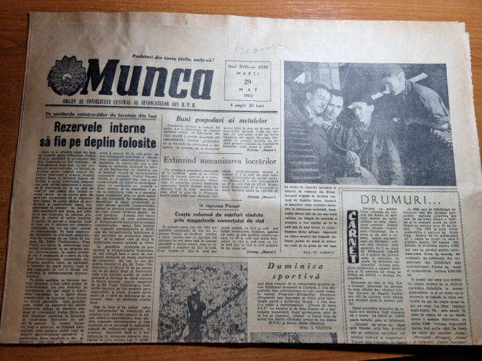 ziarul munca 29 mai 1962-dinamo lider la fotbal,cursele tarom,cfr arad
