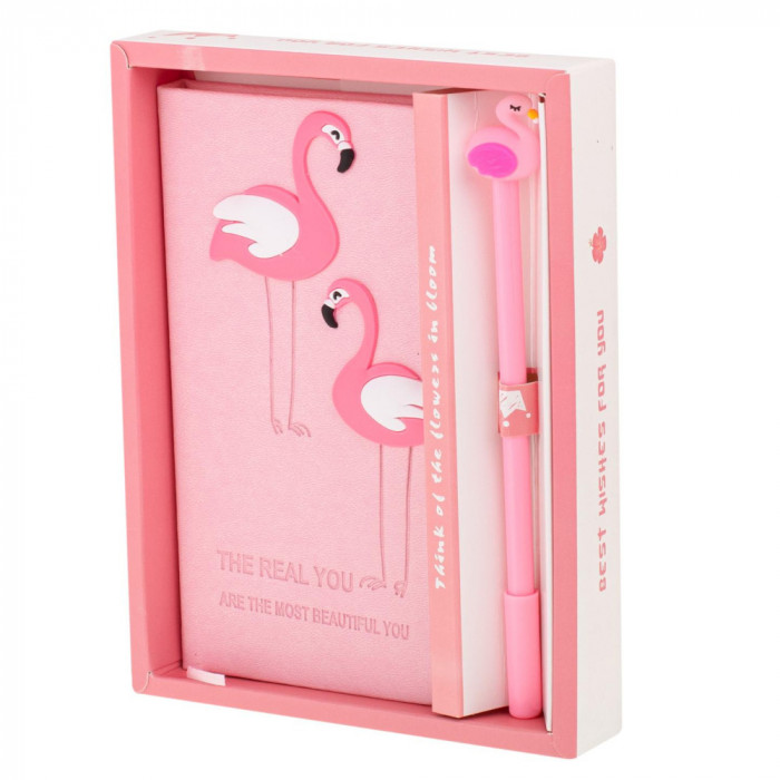 Set Cadou pentru Copii, Caiet cu Flamingo finisat cu piele ecologica + Pix cu Flamingo