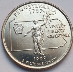 Moneda 25 cents / quarter 1999 USA, Pennsylvania, unc, litera D foto