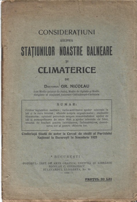 Consideratiuni asupra statiunilor noastre balneare si climaterice Gr. Nicolau