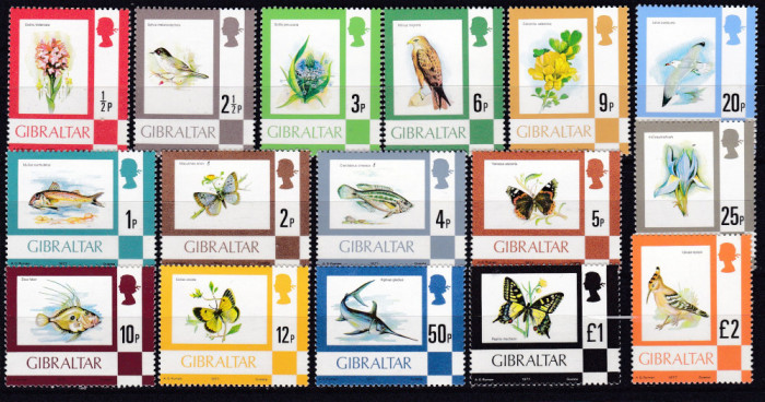 DB1 Gibraltar 1977 Fauna Pasari Fluturi Pesti Flori 16 v. MNH