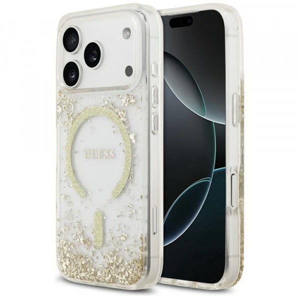 Husa MagSafe pentru Apple iPhone 17 Pro, Guess, Resin Bottom Glitter , Aurie