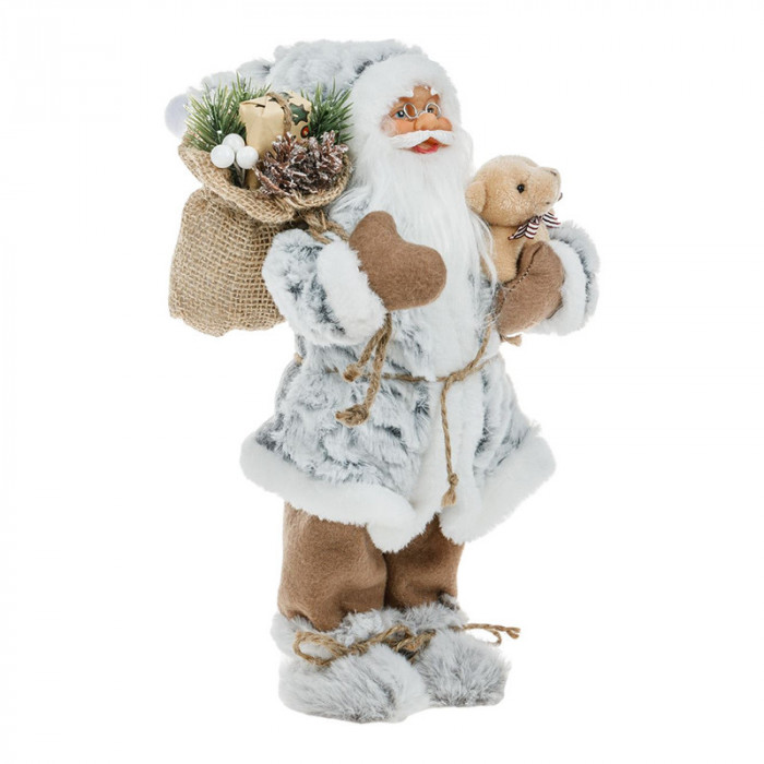 Figurina Mos Craciun alb cu sac si ursulet, 30 cm