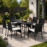 Cumpara ieftin Set Masa + 6 Scaune Gradina Terasa ART Lynna, Ratan Sintetic, Negru Bej, 150x90x72 cm, Otel Poliester, Perna Inclusa