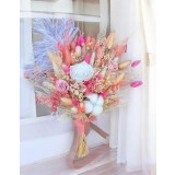 Buchet Diafan Evantai cu Trandafiri Criogenati, Bumbac, Pene Elegante si Plante Naturale Uscate , Rezistent Pana la 10 Ani