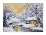 Tablou peisaj de iarna pictat manual, Sat sub zapada, 70x50cm ulei pe panza, Mircea Iordache