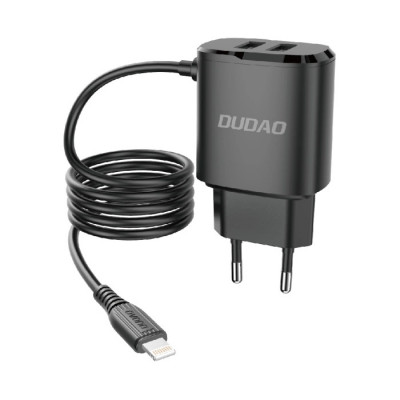 2x &amp;icirc;ncărcător de rețea USB cu cablu Lightning integrat 12W negru A2ProL negru Dudao foto