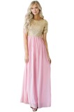 Rochie Maxi Chiffon Paiete Roz Auriu, Rochie de Seara Eleganta, Marimi M/L