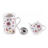 Cumpara ieftin Set cana portelan multicolor, infuzor ceai, farfurioara in cutie cadou &Oslash; 7,5 cm x 10,5 H, 300 ml