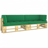 Canapea din paleți 2 locuri cu perne, lemn verde de pin tratat