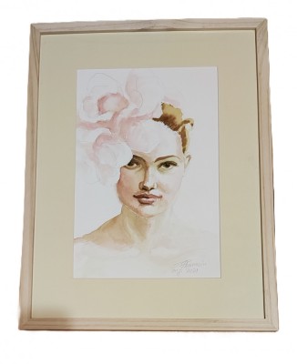 E158. Tablou, Portret de Miss, 2021, tehnici mixte pe hartie, inramat, 42x32 cm foto