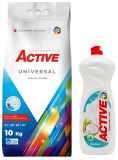 Detergent Universal de rufe pudra Active, sac 10kg, 135 spalari + Detergent de vase lichid Active, 1 litru, cocos