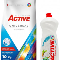 Detergent Universal de rufe pudra Active, sac 10kg, 135 spalari + Detergent de vase lichid Active, 1 litru, cocos