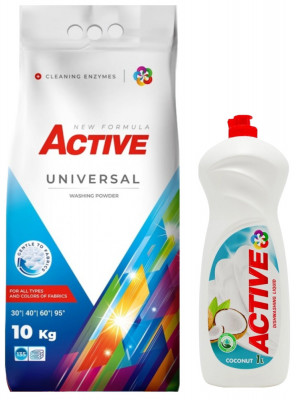 Detergent Universal de rufe pudra Active, sac 10kg, 135 spalari + Detergent de vase lichid Active, 1 litru, cocos foto