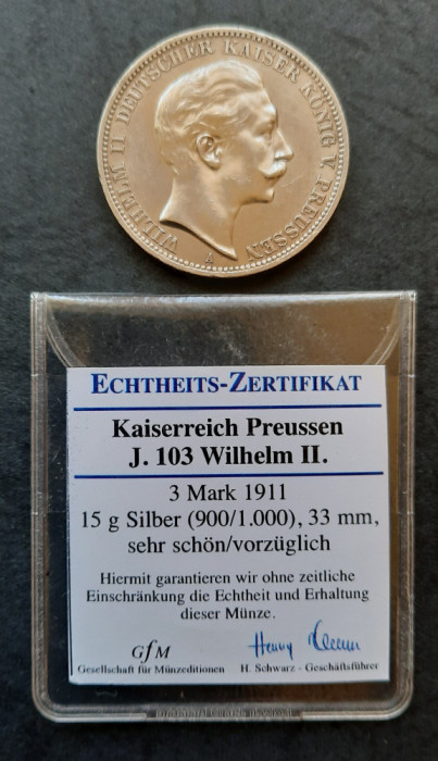 3 Mark &quot;Wilhelm II von Preussen&quot; 1911, Statele germane - G 4452