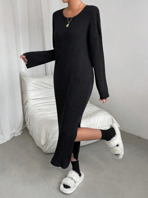 Rochie maxi stil pulover cu slit, negru, dama foto