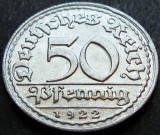 Moneda istorica 50 PFENNIG - IMPERIUL GERMAN, anul 1922 * cod 4004 = Litera D - UNC