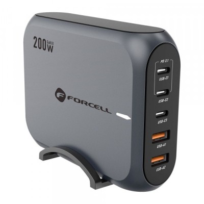 Incarcator Statie Forcell F-ENERGY GaN III VT-51, 200W, 5A, 2 x USB-A - 3 x USB-C, Gri foto